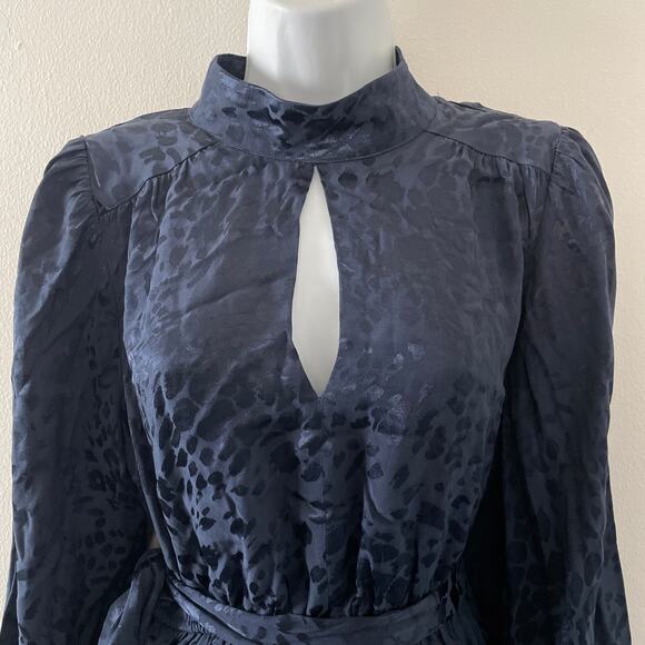 Anthropologie Dress Womens Medium Petite Blue Mini Jacquard High Collar Belted - Picture 6 of 11